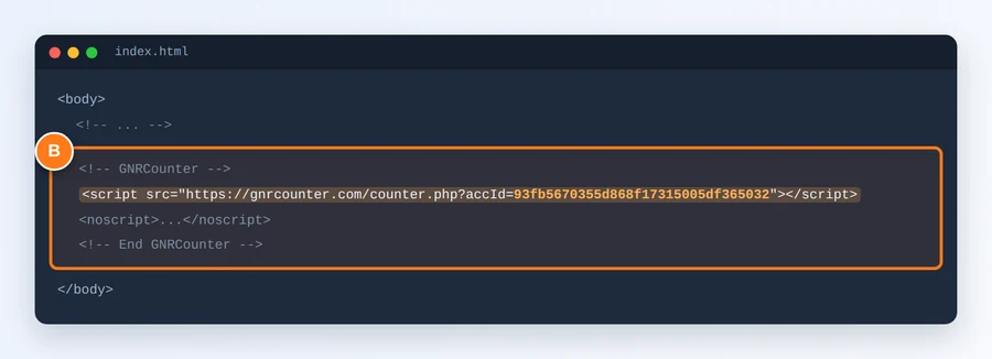 Codul contorului evidențiat în HTML-ul unui site