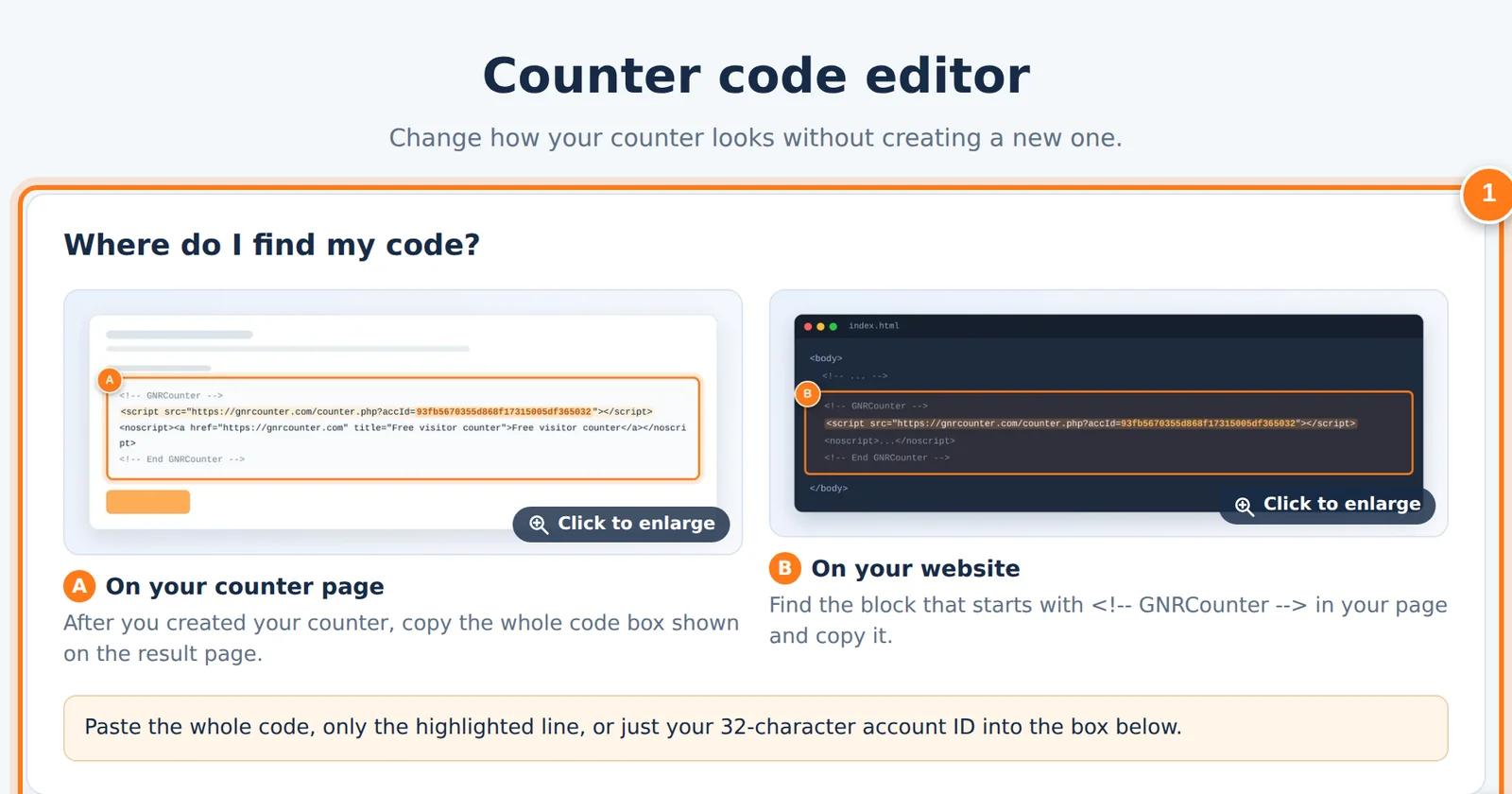 Editorul de cod GNRCounter cu zona pentru găsirea codului și caseta în care îl lipești