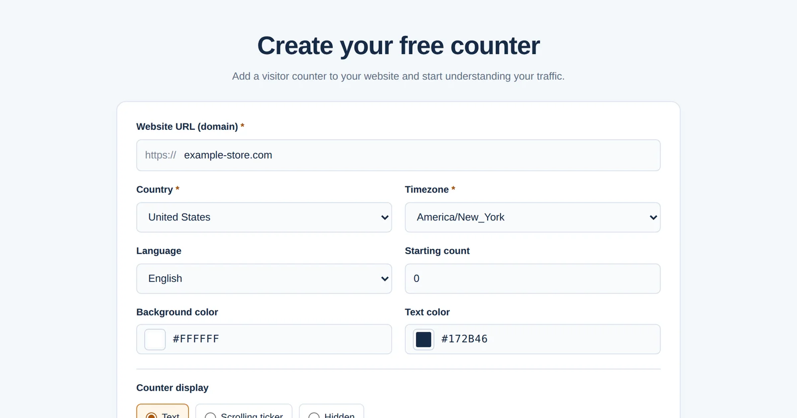 Formularul GNRCounter pentru crearea unui contor gratuit cu site, țară, fus orar, limbă și setări de afișare