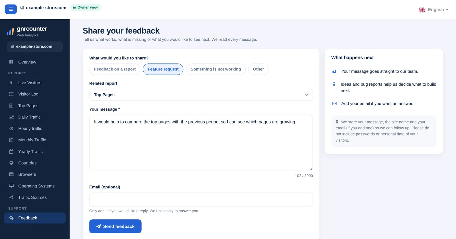 Pagina Feedback GNRCounter cu formularul de mesaj cu tip de mesaj, raport asociat, mesaj și e-mail, cu date de exemplu
