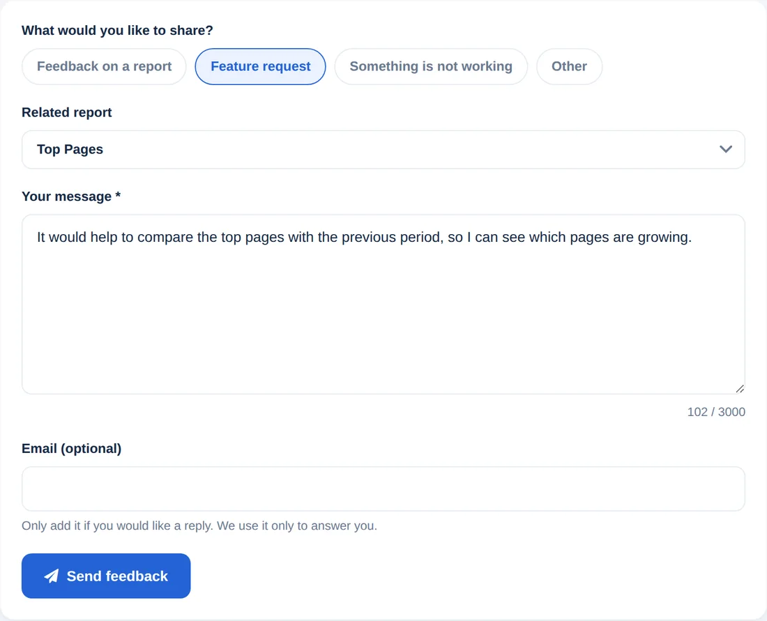 Formularul de feedback cu tip de mesaj, raport asociat, mesaj și e-mail