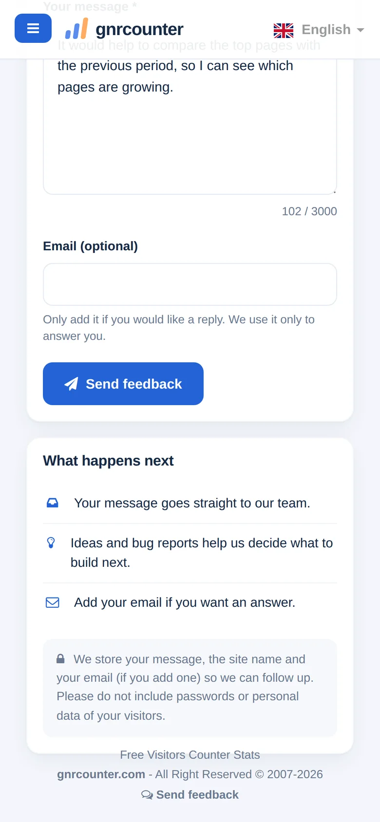 Pagina Feedback pe un telefon, derulată până la câmpul de e-mail și butonul de trimitere