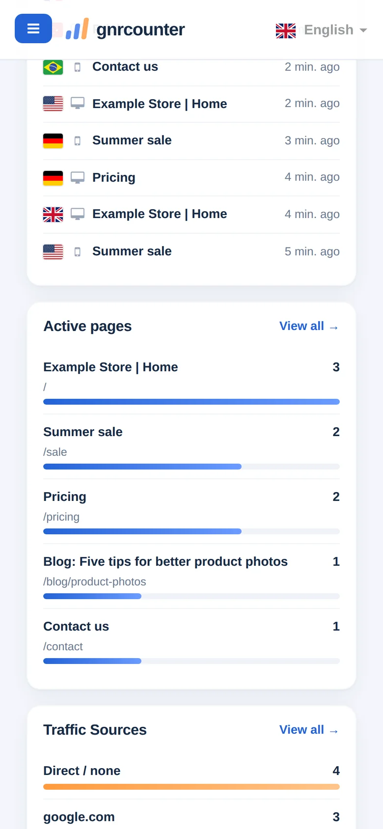 Vizitatori live pe un telefon, derulat până la lista activității recente