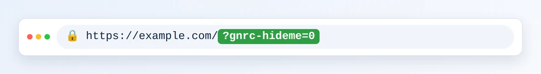 O bară de adrese de browser care arată https://example.com/ urmat de ?gnrc-hideme=0 evidențiat